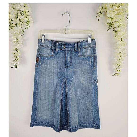 7 For All Mankind Denim Jean Skirt Knee Length 90s Y2k Pleated Utility Size 25 - Picture 1 of 12